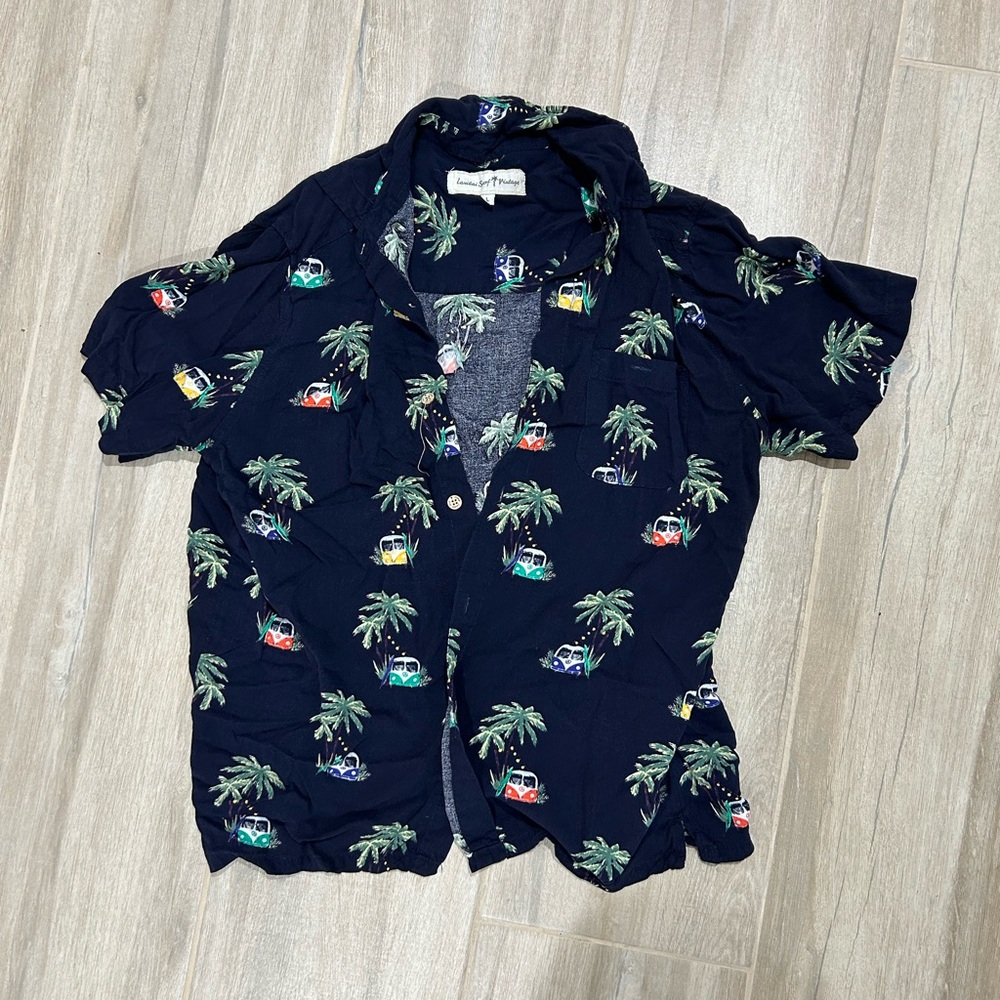 Navy Hawaiian Shirt with Palm Tree and Car Print
